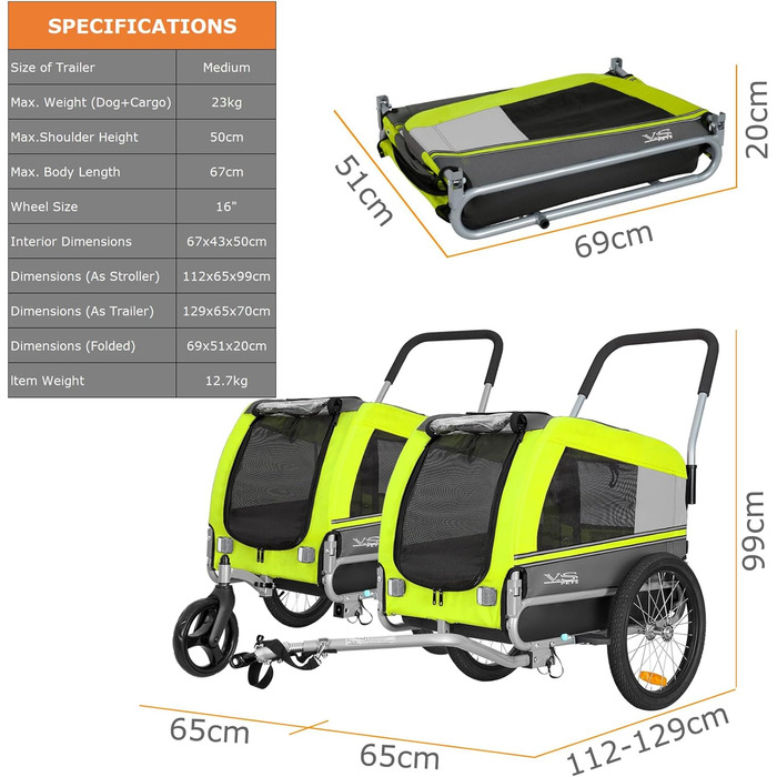 Універсальний візок-перевозник для собак Tiggo VS Pets Medium: 2в1 (велосипедний, буксирний) - зелений