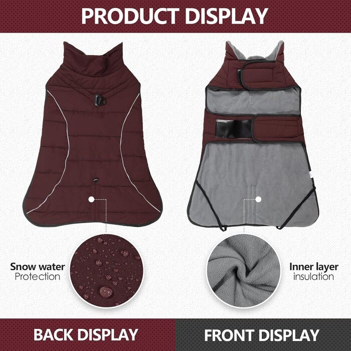 Водонепроникний зимовий теплий нашийник для собак з підкладкою з флісу, світловідбиваючий, з D-подібним кільцем, для малих, середніх та великих собак, для активного відпочинку, кемпінгу, прогулянок, червоний, розмір L