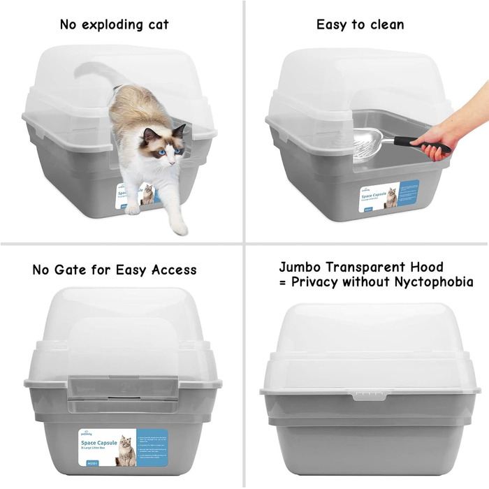 Petfamily 3-в-1 туалет для котів з кришкою, великий, сірий, XL 55×45×44 см, сучасний, для котів, кошенят, кроликів, гризунів, універсальний, зоотовари