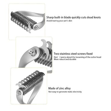 Інструмент для догляду за шерстю: двосторонній гребінець для підшерстка, щітка для цуценят та котів, гребінець з гострими зубцями для видалення ковтунів та відмерлого хутра (сріблястий)