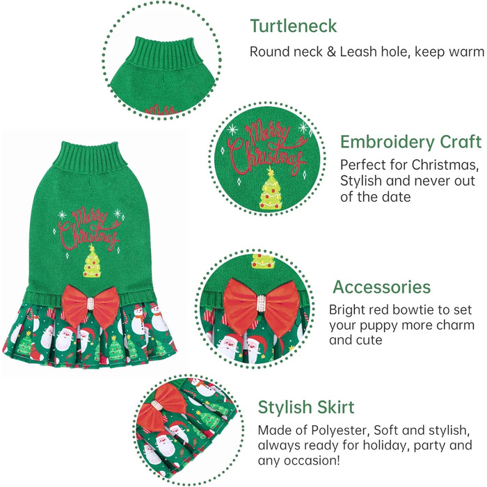 Светр для собак CuteBone на Новий Рік, сукня-водолазка з отвором для повідка, теплий зимовий одяг для маленьких собак, DS78S-DE S, зелений, з бантиком