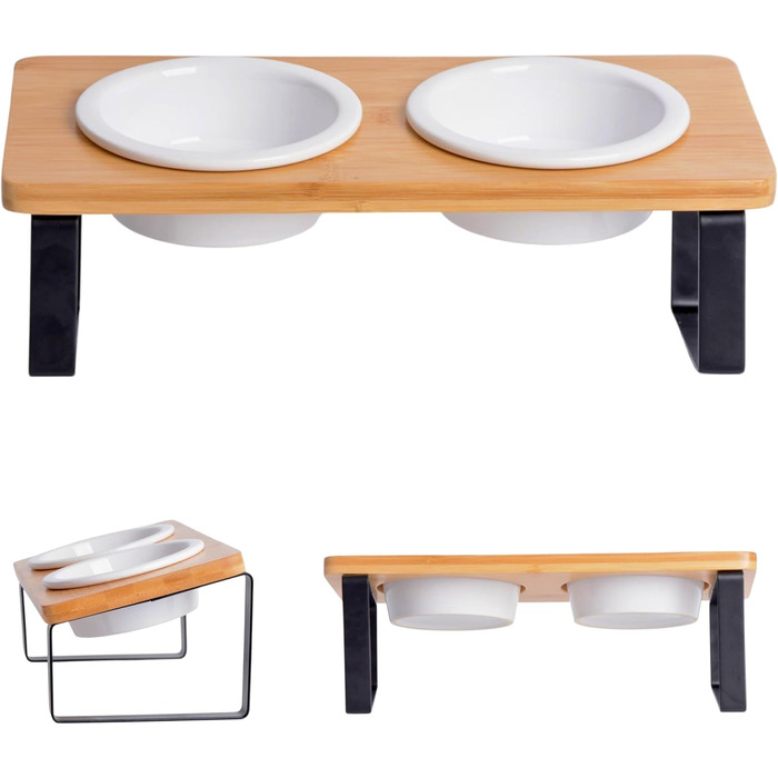 Підвищена годівниця для котів, ергономічна керамічна годівниця з дерева та бамбука, для котів та маленьких собак