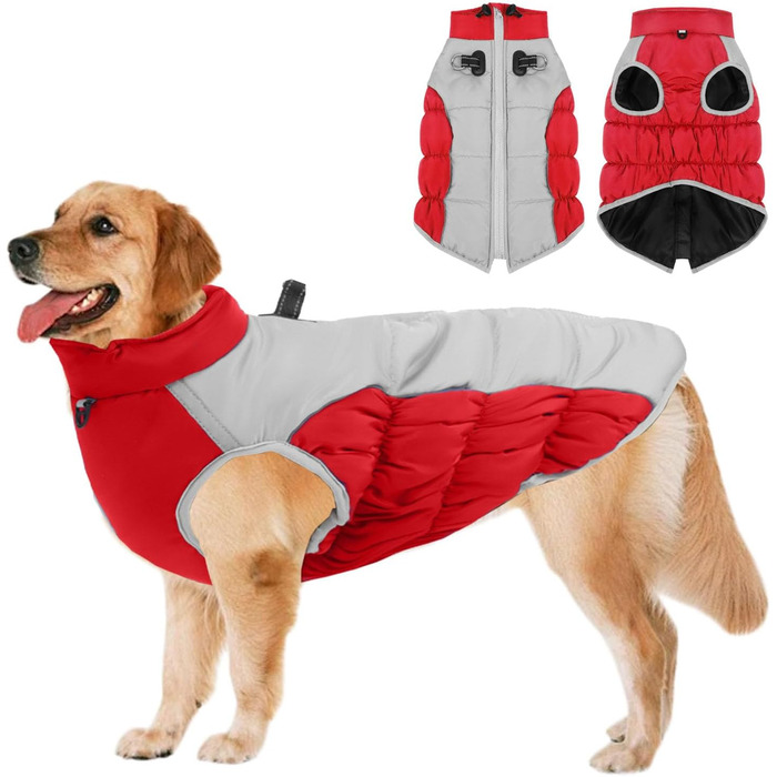 Зимовий теплий одяг для великих собак, XL-5XL. Червоний зимовий теплий одяг для собак, великих порід, з відбиваючими елементами, для снігу, з високим коміром.