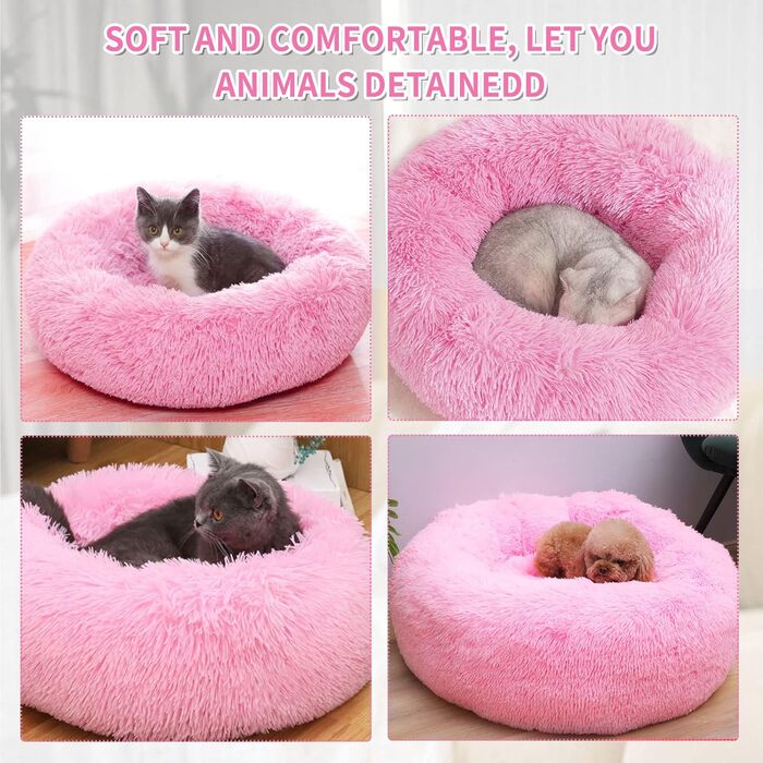 М'яке кругле ліжко для собак та котів 60см – зручне лежанка-пончик для маленьких собак та котів, миється, не слизьке, плюшеве ліжко для тварин, сірий (L 60 x B 60 x H 20 cm, Рожевий)