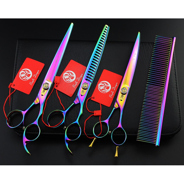 Професійна ножиця для стрижки домашніх тварин Purple Dragon 3-в-1, 17.8/20.3 см, вигнута ножиця та ножиці для собак – догляд за шерстю, A-Райдуга