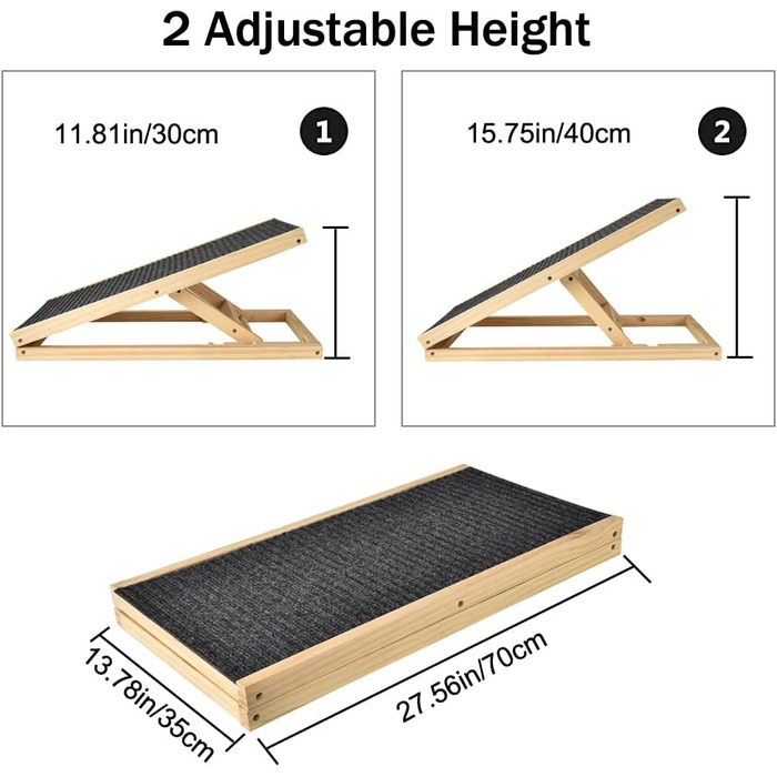 Рампа для собак Efan з масиву дерева, регульована висота, до 150 кг, для автомобілів та вантажівок (70 x 35 см, H30-40 см)