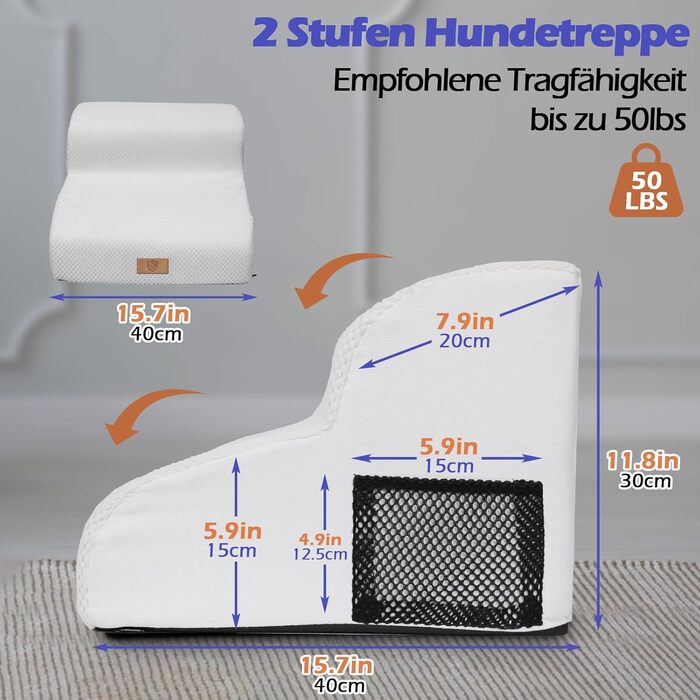 Сходинка для собак Eukue з 5 ступенів, складана, для маленьких та великих собак, з антиковзким покриттям, для ліжка, дивану (біла)