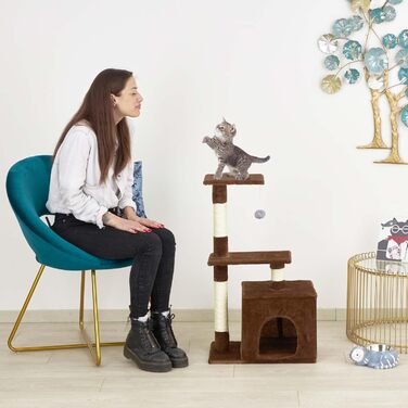 Baroni Home Когтеточка для котів, двоярусна, з іграшкою і домиком, 45x30x78 см, коричнева