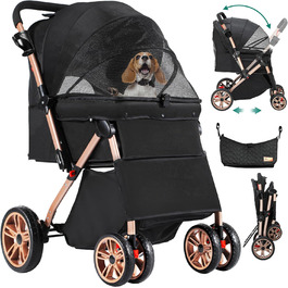 Візок для собак та котів YITAHOME, чорний, до 22 кг, складна конструкція, з сумкою, подушкою, сітковими вікнами та кошиком для зберігання