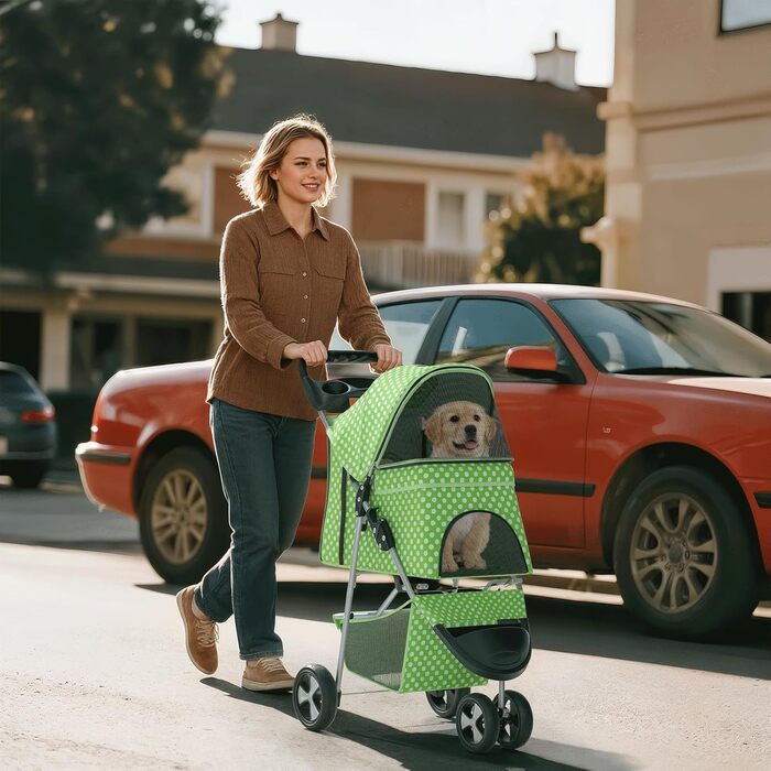 Візок для тварин: для собак та котів, 3 колеса, складний, з кошиком та тримачем для напоїв (зелений з візерунком)