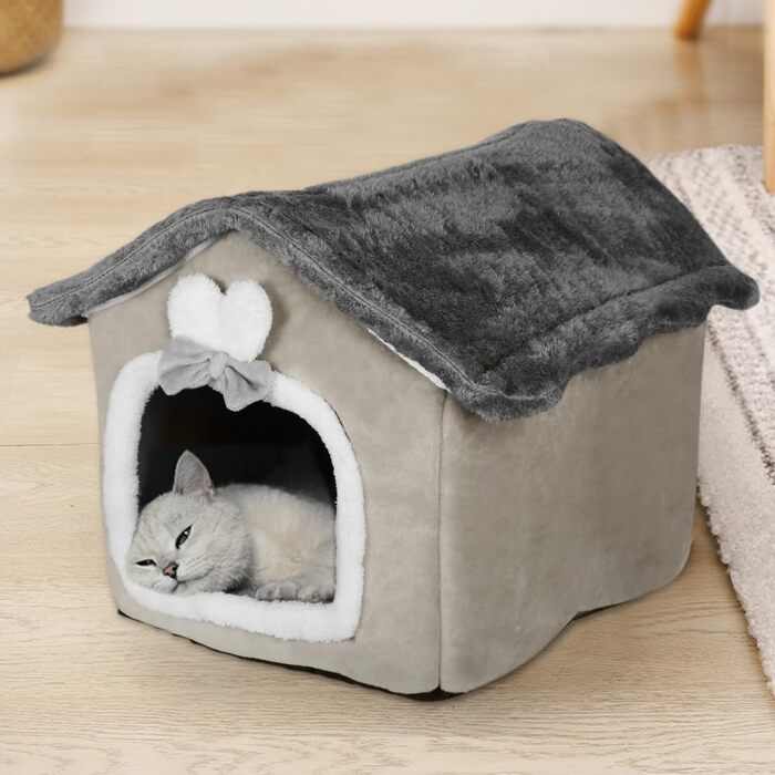 Складаний котячий будиночок-ліжко з м'якою подушкою, котяча хатка для дому, затишна печера для котів і кошенят, розмір 46×36×40 см, коричневий