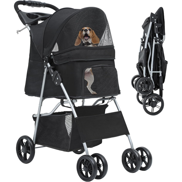 Візок для собак YITAHOME, середній розмір, 4 колеса, з кошиком для зберігання, складаний, з тримачем для напоїв (чорний, без дощового покриття)