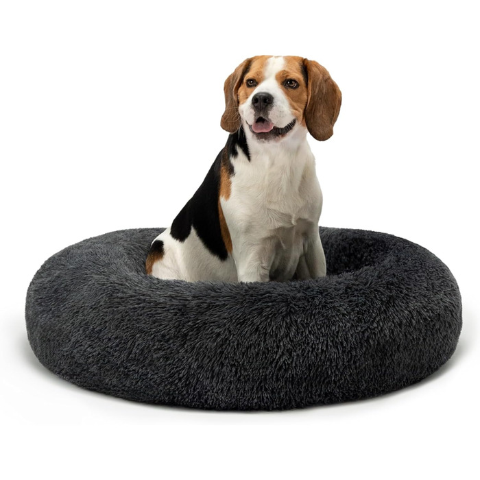 Кругле ліжко для собак та котів Lionto, Ø 80 см, м'яке, плюшеве, з густою наповнювачем, темно-сіре, 80x80x24 см