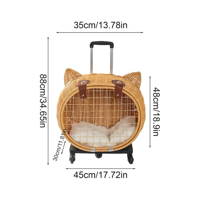 Вінтажна візок для собак та котів з ротангу | Візок для маленьких собак та котів з колесами, телескопічною ручкою | Для прогулянок, подорожей
