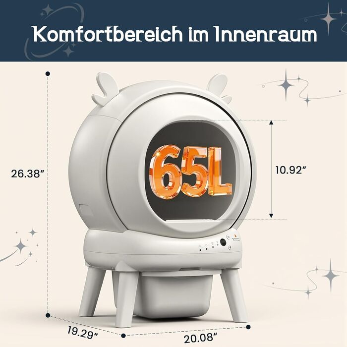 Автоматичний лоток для котів з самоочищенням 65л, 9 сенсорів, керування через додаток, захист від защемлення, для кількох котів, білий