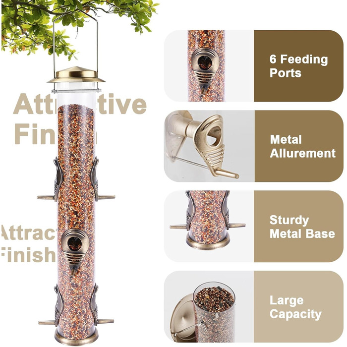 Годівниця для птахів Mixxidea з металевої труби, для зовнішнього використання, 6 гнізд, бронзова