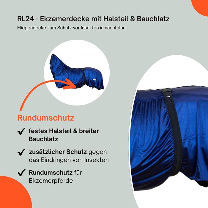 Екземерна ковдра для коней з нашолобником та захистом живота – ковдра від комах з дрібною сіткою, подвійний фронтальний замок та підв'язки для ніг – ковдра для коней для активного відпочинку у нічному блакитному кольорі – 125 см, нічний блакитний 125 см