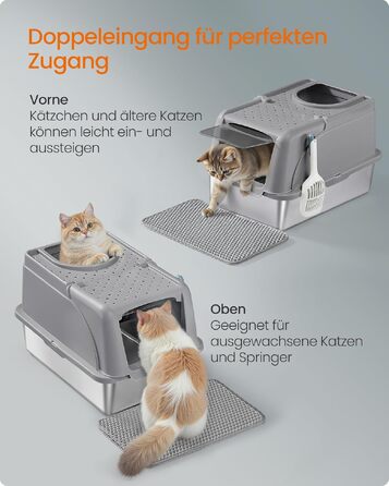 Сталевий лоток для котів Feandrea XL з кришкою, для великих котів до 15 кг, колір: голубино-сірий