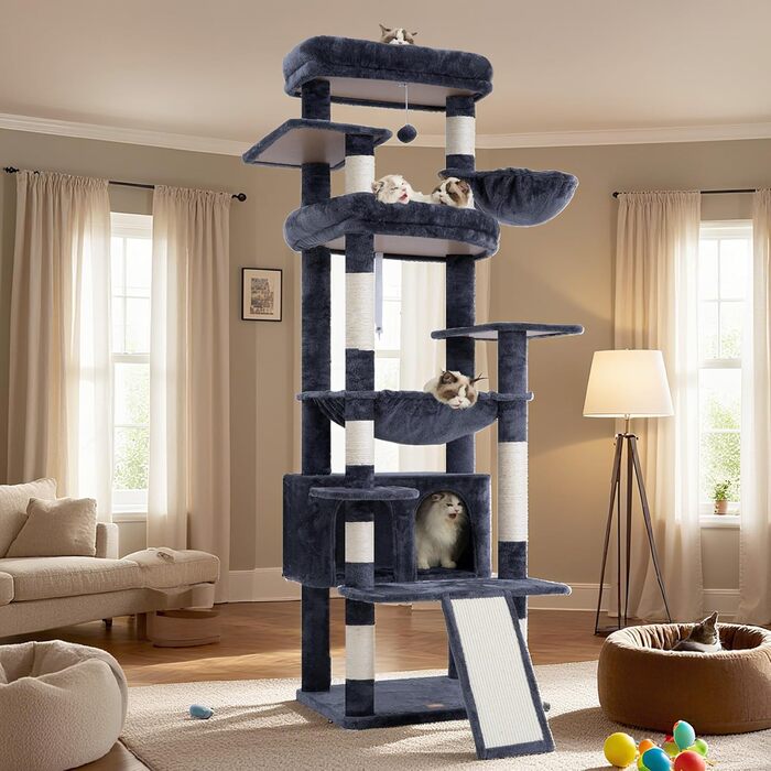 Драбина-будинок для котів Heybly HCT038W (Сірий) - 202 см з 2 платформами, будиночком, гамаком та сизалевим стовпом