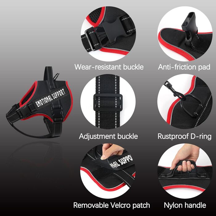 Шлейка для собак Voopet Emotional Support - професійна, для малих, середніх та великих собак, відбиваюча, дихаюча, регульована, без натягу, ESA (червоно-чорна)