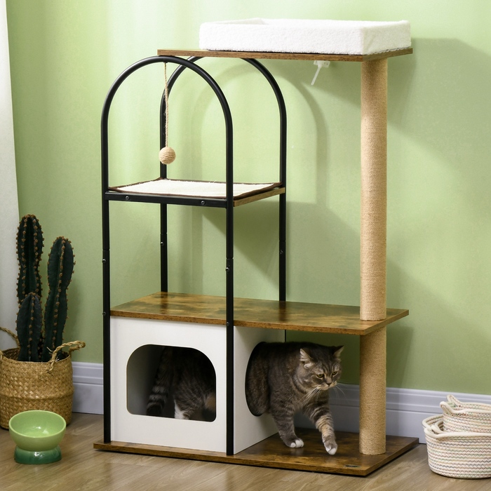 PawHut Cat Tree 1185 см Cat Tree з печерним ліжком і килимком для дряпання Play Ball Tilt Protection для кішок до 5 кг Сільський коричневий
