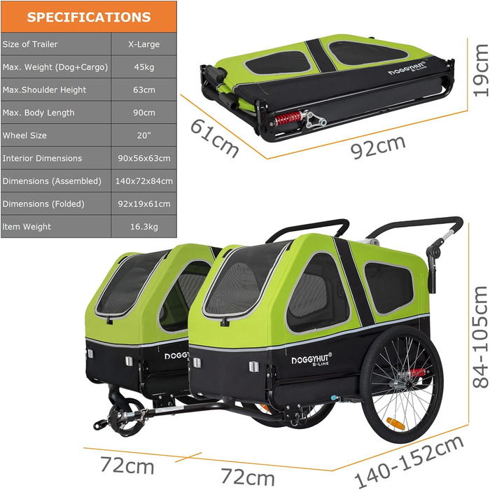 Doggyhut S-Line XL: велосипедно-колясочний візок для собак до 45 кг (зелений/чорний)