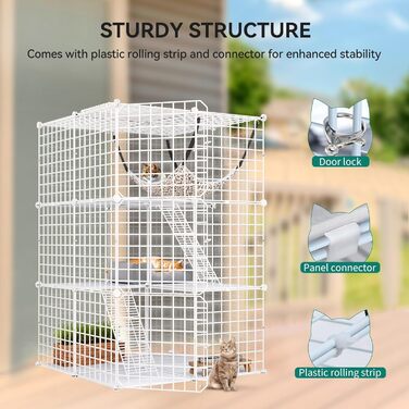 Клітка для котів YITAHOME для дому та вулиці з міцного металевого дроту, DIY-клітка для котів Catio з 2 дверцятами, 1 сходинкою, металевий вольєр для котів, 2-ярусна клітка для котів, кроликів, біла, 71x71x71 см