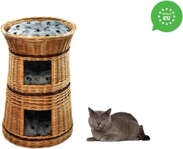 Кошик для котів із лози 50 см, триярусне ліжко з подушкою, натуральний колір, для котів і собак, котяча хата для дому