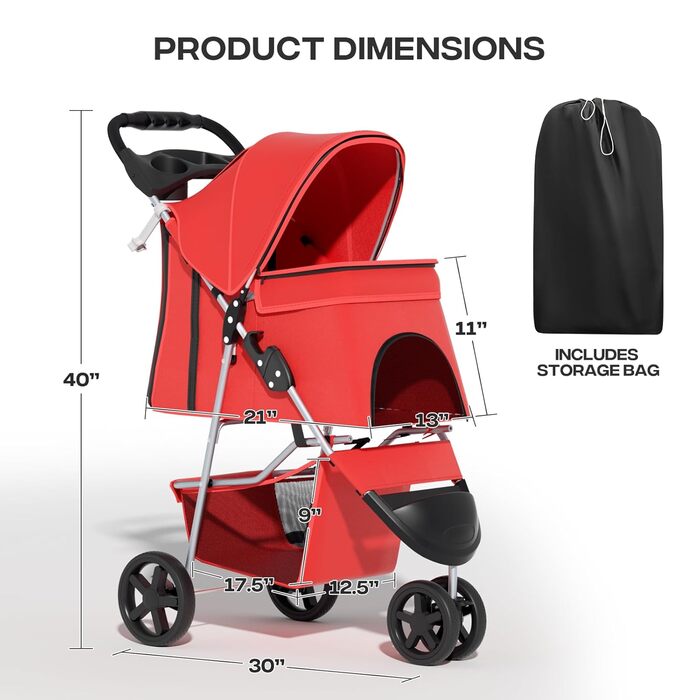 Візок для тварин: для собак та котів, 3 колеса, складний, з кошиком та тримачем для напоїв (червоний)