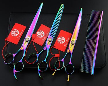 Професійна ножиця для стрижки домашніх тварин Purple Dragon 3-в-1, 17.8/20.3 см, вигнута ножиця та ножиці для собак – догляд за шерстю, A-Райдуга