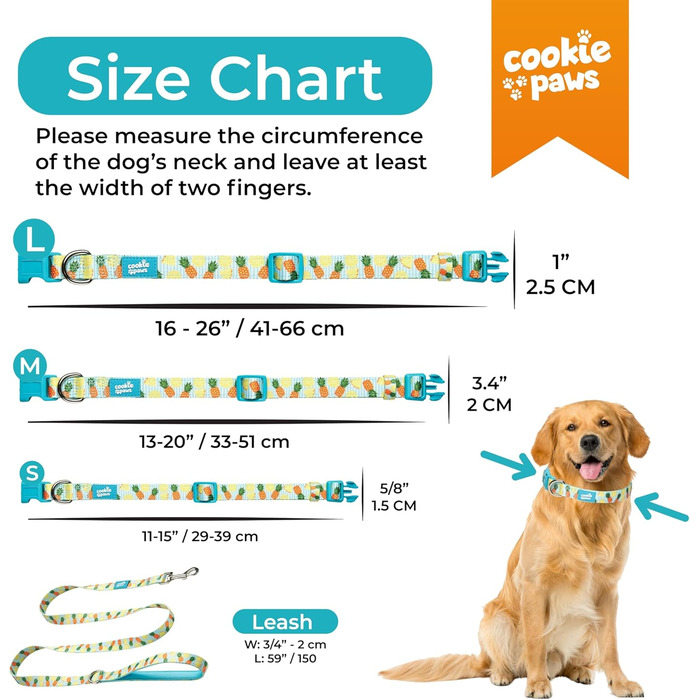 Нашийник і повідець для собак Cookie Paws, неопрений, м’який, з підкладкою, зручний, стильний, міцний, універсальний, з ананасовим принтом, розмір S