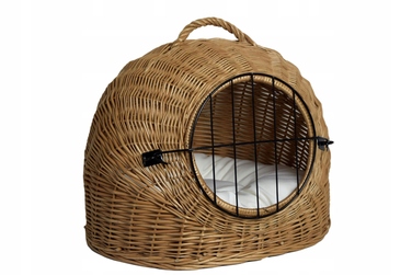 Великий плетений кошик-переноска BUDA для котів: лежанка з подушкою, колір екру