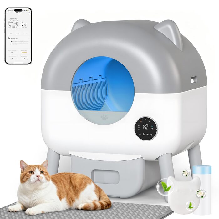 Автоматичний лоток для котів Devoko з самоочищенням, великий об'єм, керування через додаток, LED-підсвічування, килимок, для котів до 12 кг