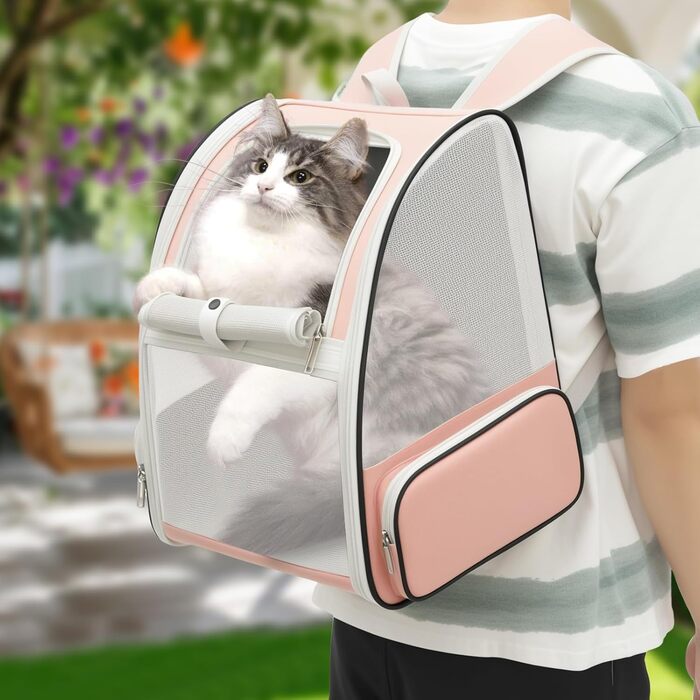 Складаний рюкзак для котів та собак, рюкзак-переноска з сіткою, м'яка підстилка, до 6,8 кг, дихаючий, для подорожей, прогулянок (рожевий)