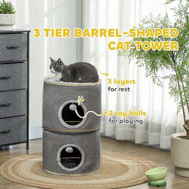 Кігтеточка Pawhut для котів, модульна, з блискавкою, розбірна, 3 яруси, 2 м'ячики, хованка, висота 69 см, сіра