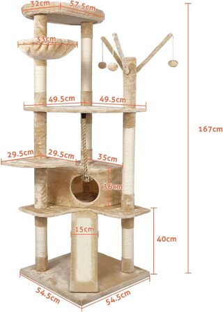 Великий стійкий котячий комплекс Meerveil 167 см, багаторівневий бежевий кігтеточка-дерево з натуральним сизалем, посилена основа, для котів XXL