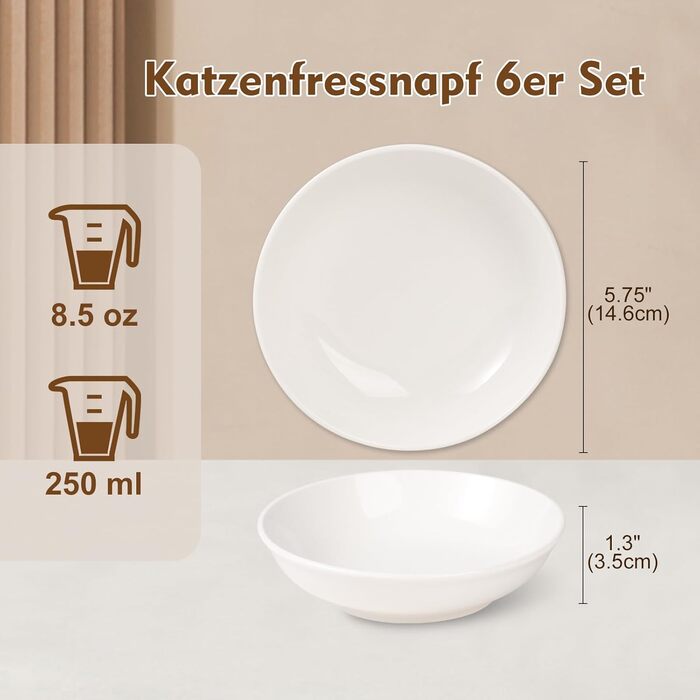 Набори мисок для котів з кераміки Katzennapf Set - 6 шт. Миски для корму для котів у мінімалістичному стилі, широкі, плоскі, зручні для вусів, мікрохвильові та придатні для миття в посудомийній машині, 250 мл, білі