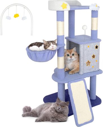 Котячий дряпак Happy & Polly 134,6 см, багаторівнева когтеточка для дому з плюшевим стовпом і підвісною іграшкою, лілова