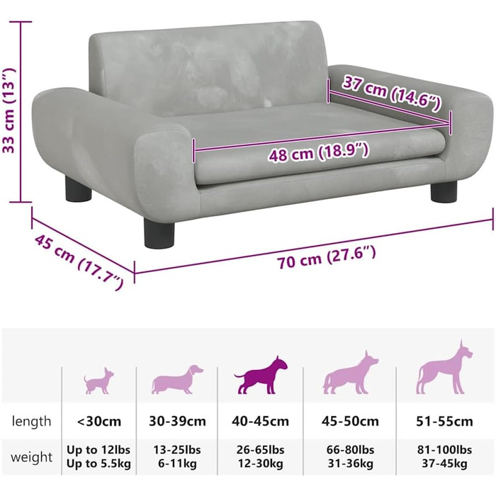 Крісло-ліжко для собак, м'яке лежанка для собак, лежанка для котів, сірий велюр 70 x 45 x 33 см