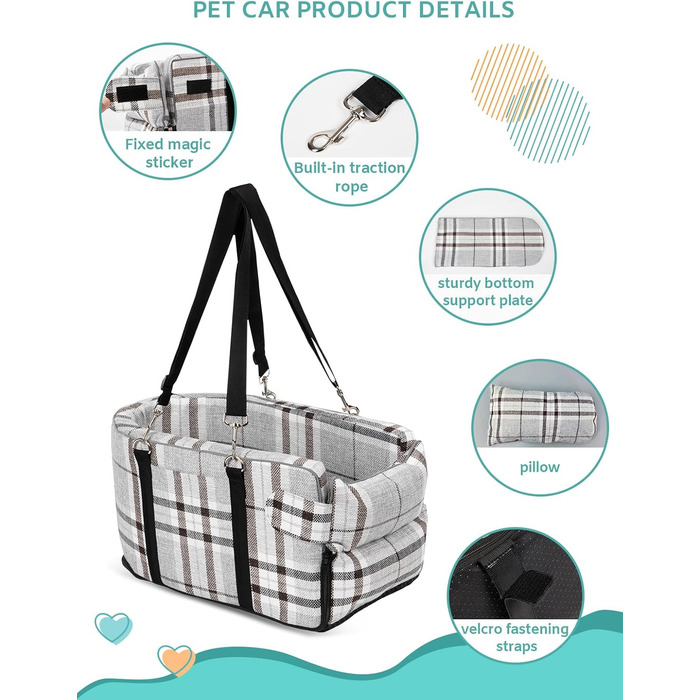 Автокрісло для собак маленьких порід, переносне автокрісло з м'яким, знімним, миючим подушечкою, для консолі авто, до 5,9 кг (сірий)