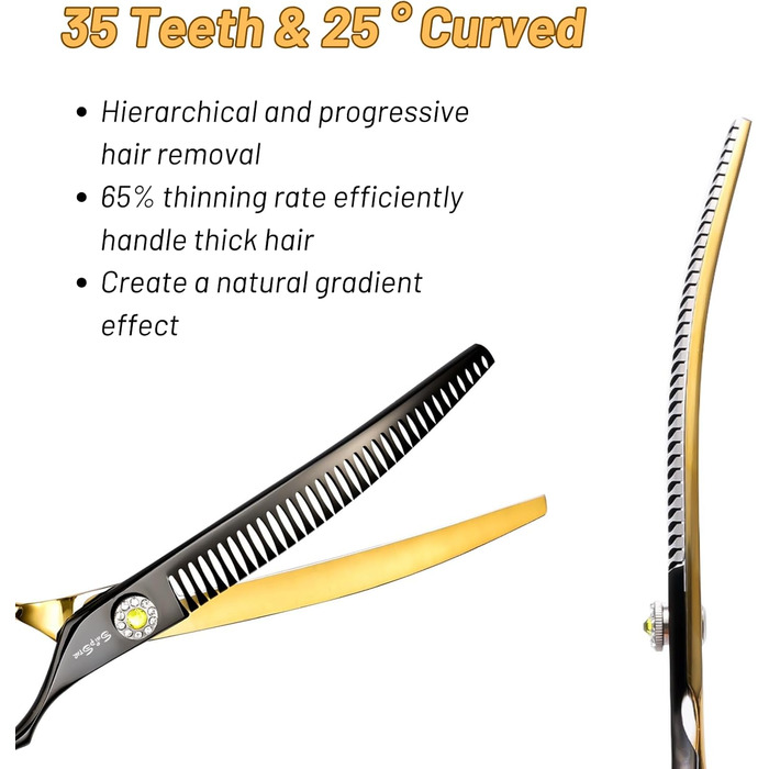 Професійна вигнута ножиці для грумінгу домашніх тварин 7.5 дюймів (25 градусів), 35 зубів, розрідження 65%, Gold High-End
