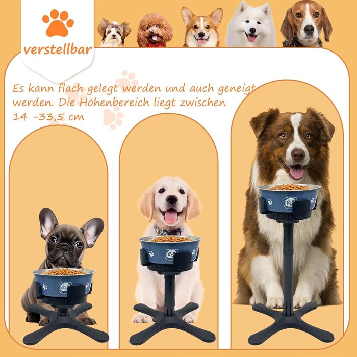 Підвищена годівниця для собак, регульована висота, 14 x 24 x 33.5 см, антиковзаюча, нахилена, з мискою