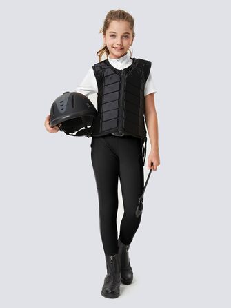 Дитячі штани для їзди верхи FitsT4 - спортивні рейтузи для дівчаток, повний силіконовий наповнювач, рейкові штани, літні штани з 2 бічними кишенями та петлями для ременя, чорний колір, розмір L