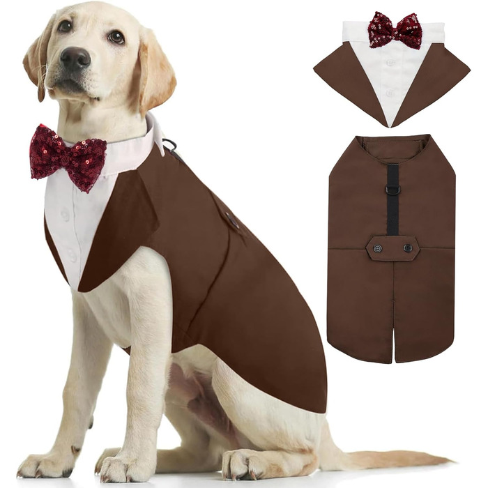 Костюм для собак Kuoser з банданою та краваткою, теплий халат для собак, костюм для цуценят, набір для святкування вечірки, Хелловін, день народження, S-XXL, M-довжина спини: 35 см (L--довжина спини: 42 см, Колір: Коричневий)