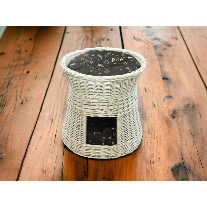 Кігтеточка-лежанка для котів: двоярусна хатинка з ротанга, 50 см, з подушкою (темно-коричнева)