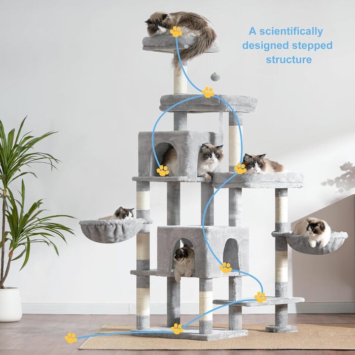 Дерев'яний комплекс для котів Hey-brother з розширеною частиною, широкими платформами, затишними печерами, гамаками, сизалевими стовпами та м'ячиком, 178 см, світло-сірий MPJ038W