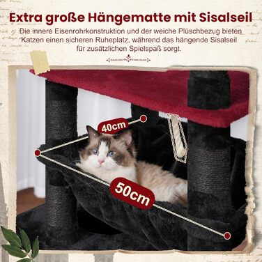 Великий котячий будиночок Kratzbaum: стабільний, 200 см, з платформами, печерами, гамаком та сизалевими стовпчиками (GCT031W, чорний та червоний)