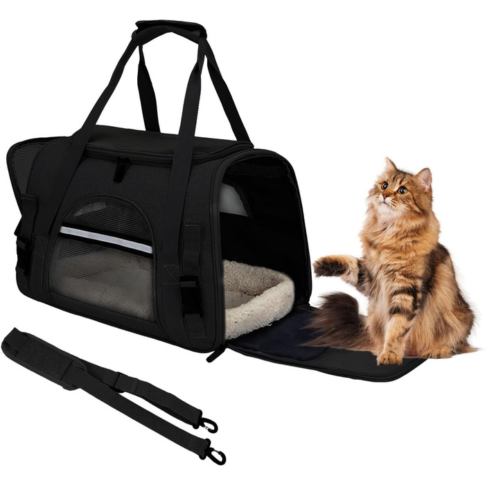 Транспортна сумка для тварин ZSMJAER з підстилкою з флісу, для котів та маленьких собак до 10 кг, чорна
