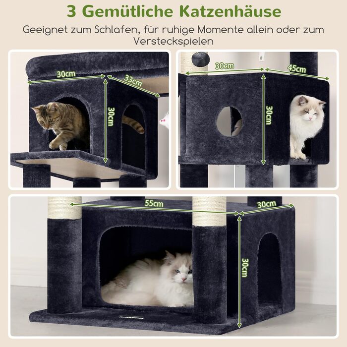 Кігтеточка Globlazer 204 см з 3 будиночками, 2 платформами, 3 м'якими будиночками для котів, стабільна, для 3-5 котів, відпочинок, ігри, дряпання, інтер'єр (Dunkelgrau)