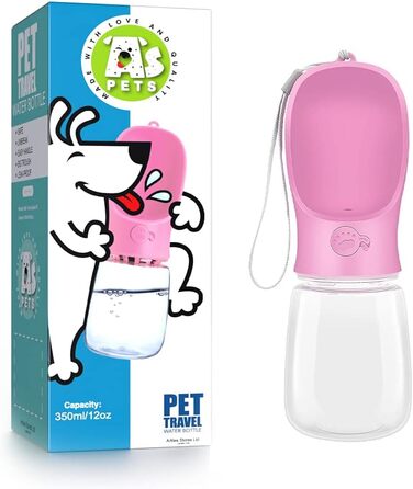 Портативна пляшка для води для собак AS Pets, 350 мл, рожева, антибактеріальна, витокозахисна, для прогулянок